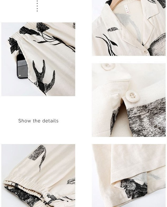 Collage showing details of the Ink Still Life Bamboo Pajama Set including fabric texture, print, and garment finish